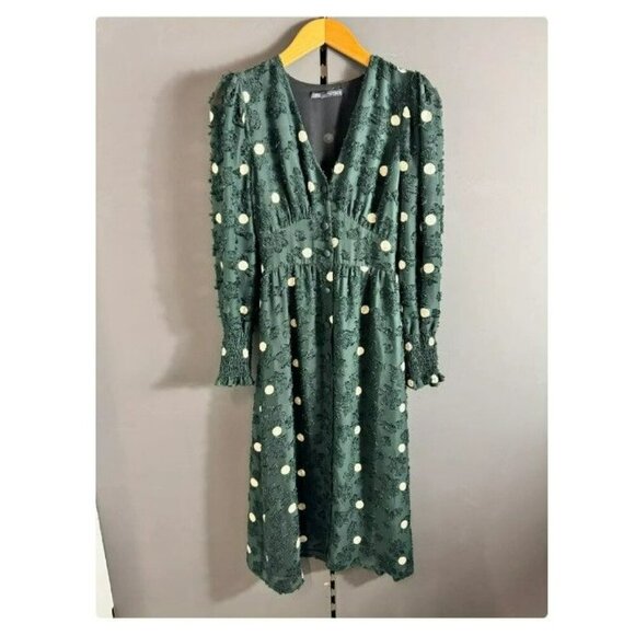Zara Emerald Green Sheer Textured Polka Dot Dress Medium Limited Edition - Picture 3 of 16